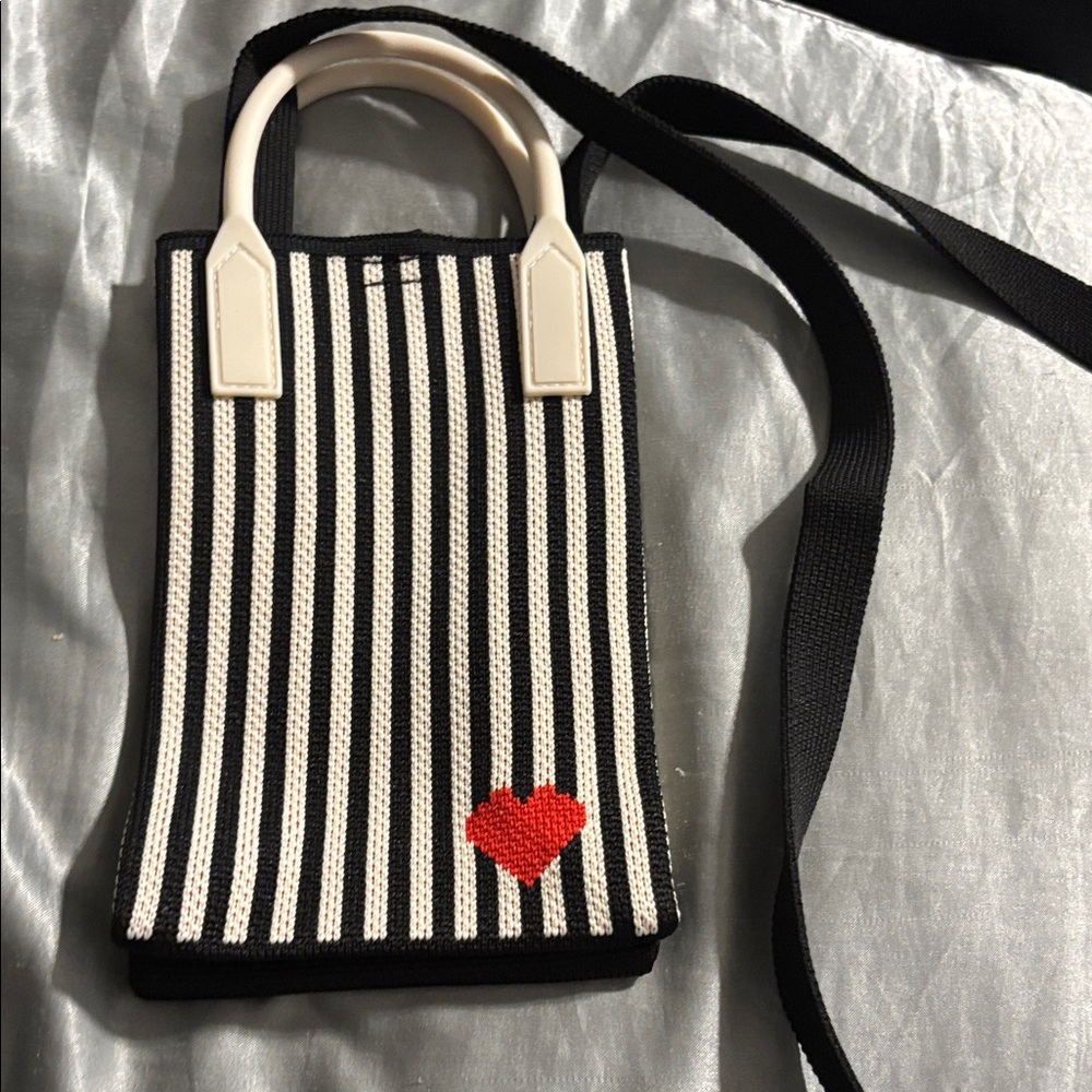 Striped Black and White Phone Tote Bag with Striped & Red Heart
